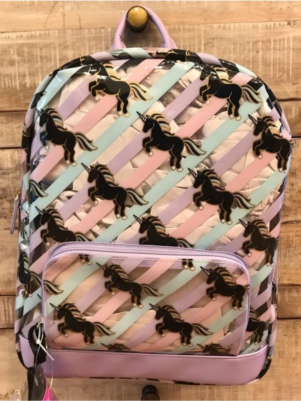 BETSEY JOHNSON Clear Striped Black Unicorn Horse Backpack